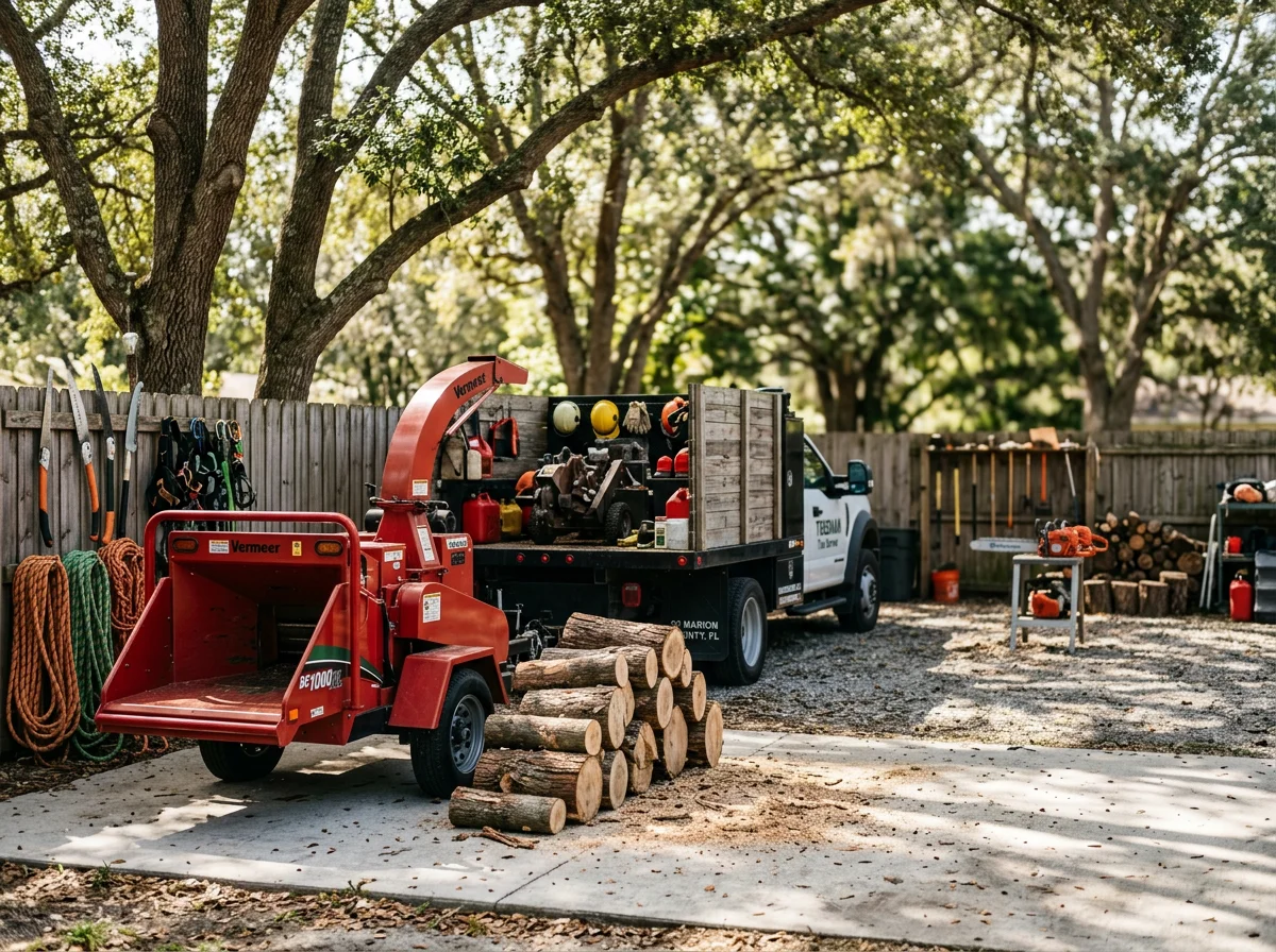 Tree service crew equipment and tools ready for job site work, showcasing professional tree care setup.