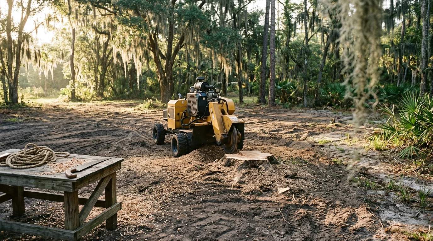 Professional arborist cutting tree branches with safety equipment in residential yard
