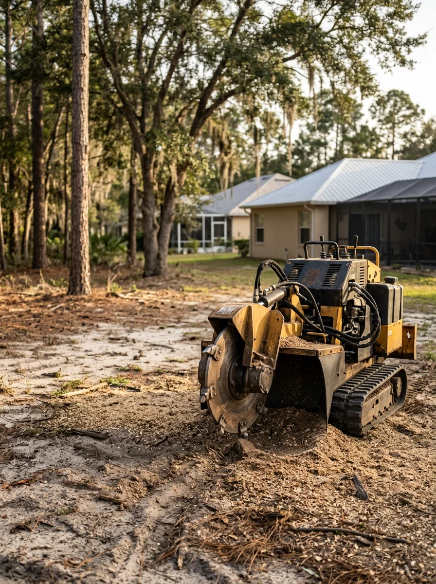 Stump grinding in progress on a residential lot in a Sugarmill Woods retirement community in Citrus County FL, with close lot spacing visible.