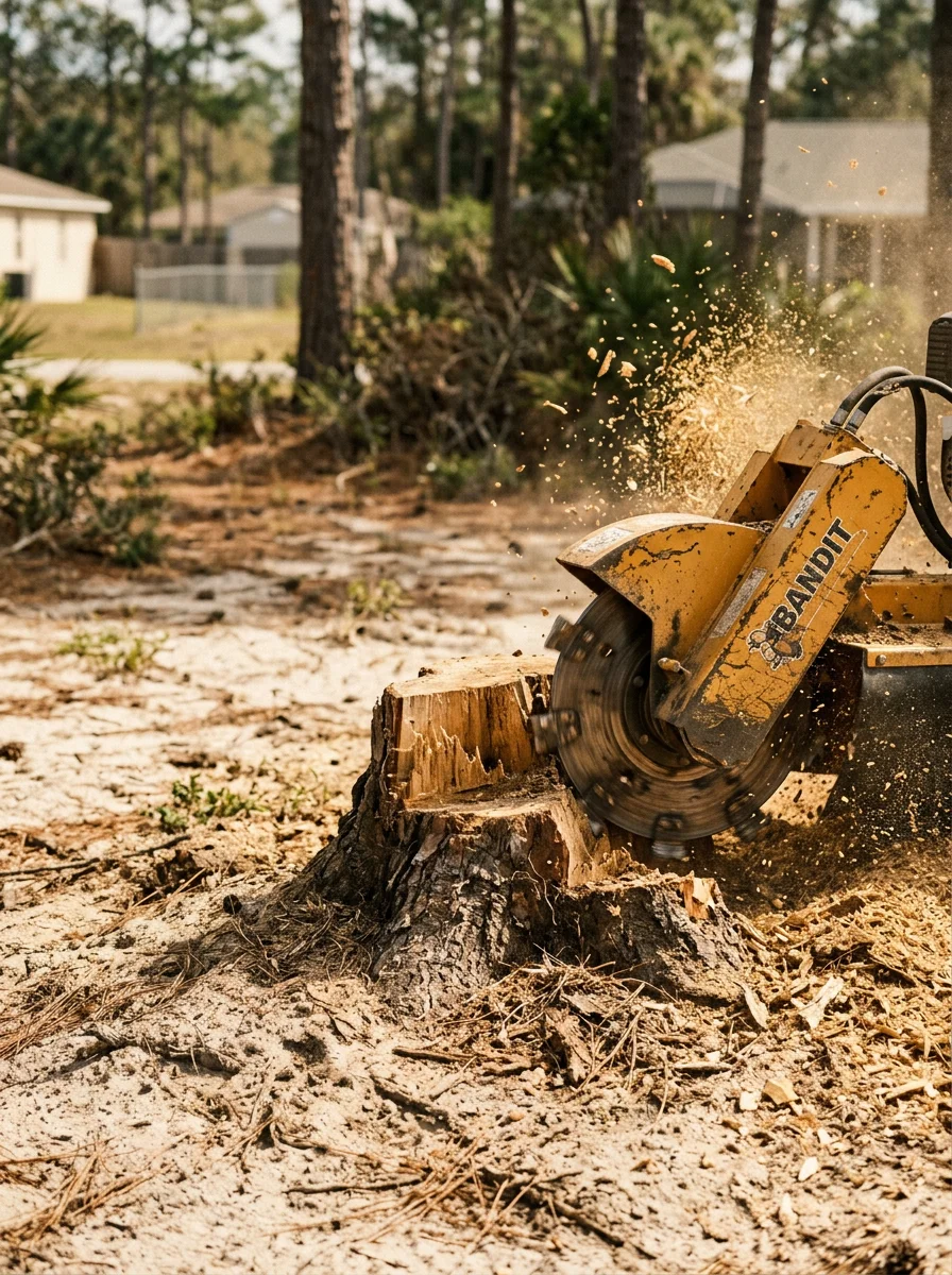 Close-up of a stump grinder working on a pine stump in sandy soil on a residential lot in Rainbow Lakes Estates, Dunnellon FL.