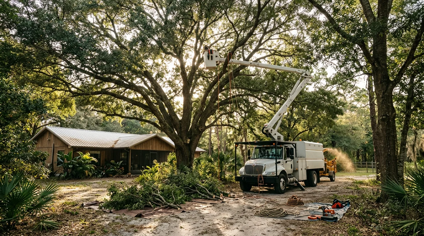 A tree crew trimming a large live oak overhanging a single-family home in a wooded Dunnellon Florida neighborhood near the Rainbow River.