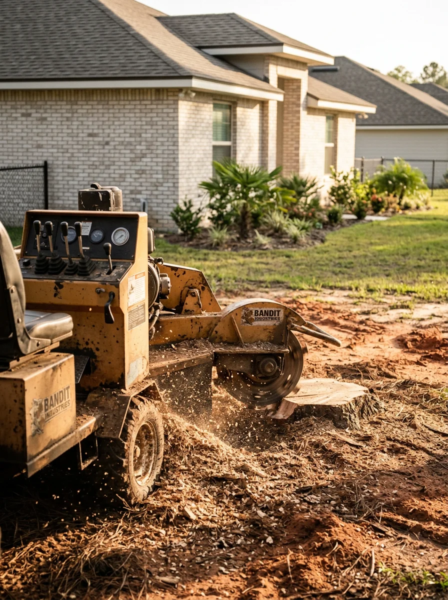A stump grinder working on a slash pine stump in clay-influenced soil in a Gainesville Florida backyard, with a newer subdivision home in the background.