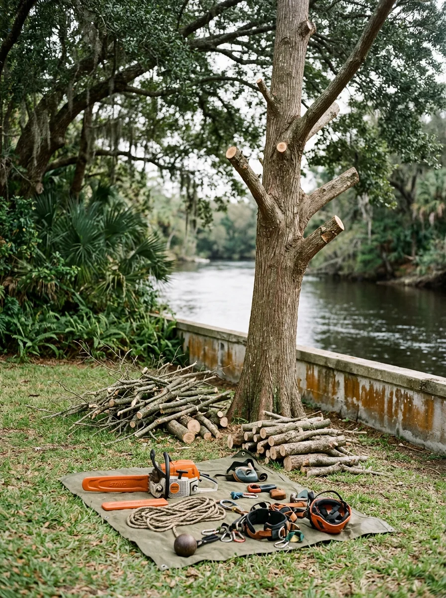 A tree trimming crew working on a cypress tree close to a seawall on a residential lot in Homosassa FL, with the river visible in the background.