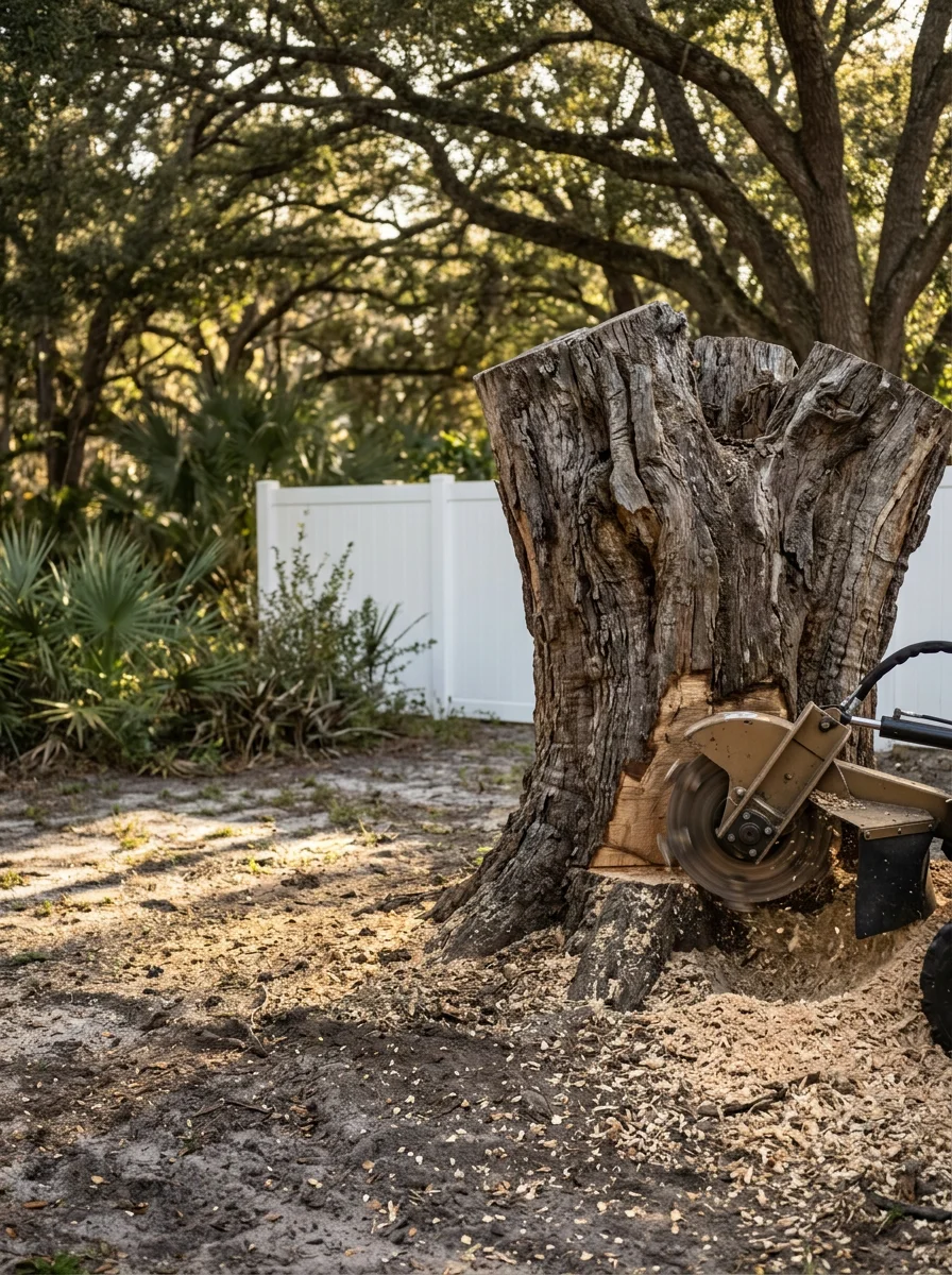 A stump grinder working on a wide live oak stump in a residential yard in Silver Springs Shores, Marion County FL.