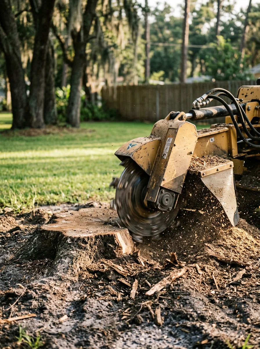 A stump grinder removing a wide laurel oak stump in a backyard in Silver Springs Shores, Ocala FL, with sandy soil and surrounding lawn visible.