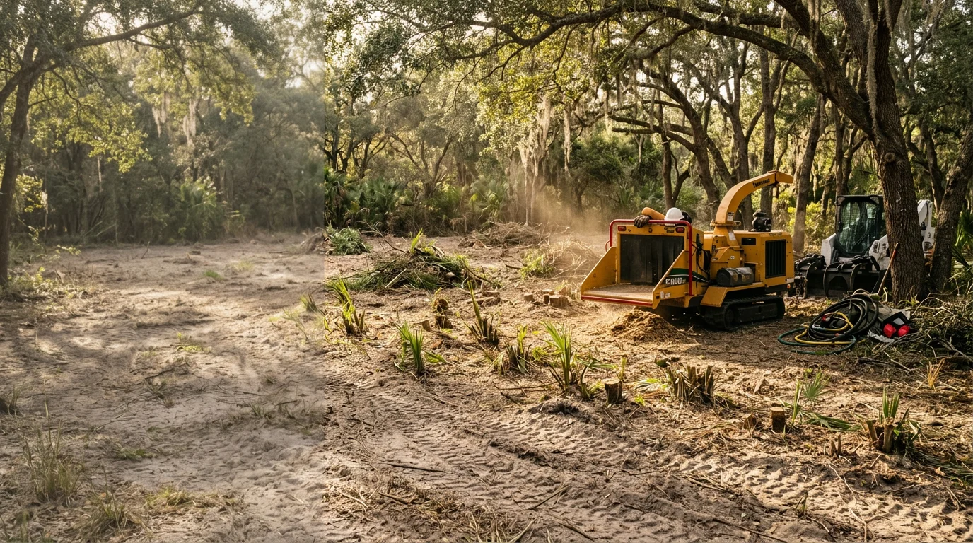 Cleared residential property in Dunnellon, Florida after brush removal, showing open yard space with cut scrub and underbrush hauled away. Marion County rural lot with clean fence line and accessible ground following professional brush clearing service.