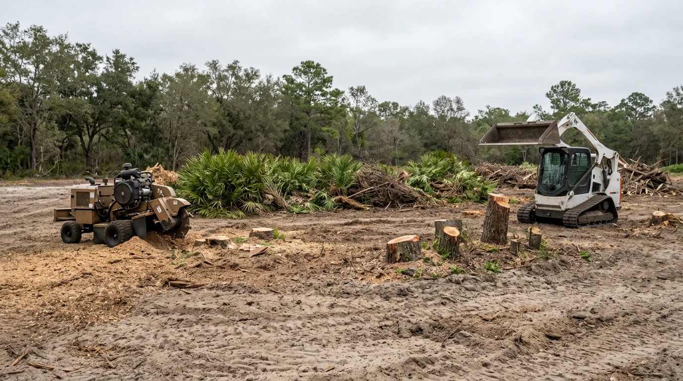 A large commercial lot in Dunnellon, Florida, after professional land clearing, showing open bare ground with stumps removed and debris hauled away. The site is graded and ready for construction with tree lines visible at the property boundary.