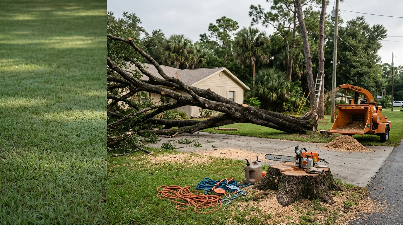 A large storm-damaged oak tree removed from the roof of a residential home in Dunnellon, Florida, with debris cleared from the surrounding yard. A Brown's Tree Service crew works on site under the supervision of an on-site manager.
