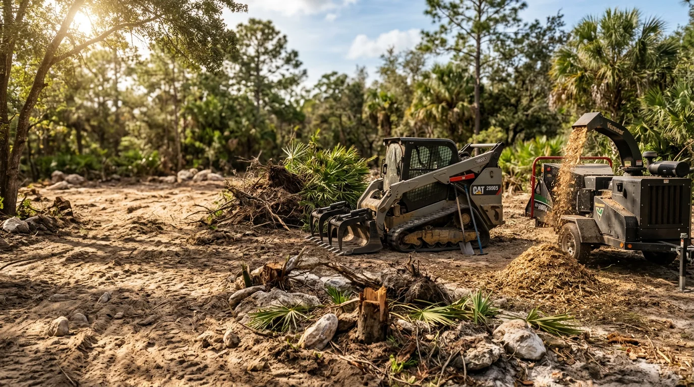 A freshly cleared lot in Dunnellon, Florida with stumps removed, brush hauled away, and open ground ready for construction or landscaping. A land clearing crew from Brown's Tree Service works the site with heavy equipment surrounded by Florida pine and palmetto terrain.