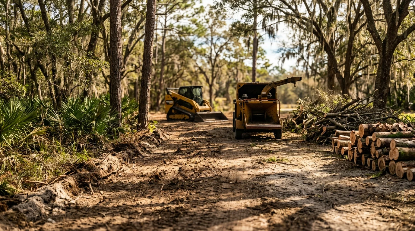 A cleared residential lot in Dunnellon, Florida with stumps, palmetto scrub, and dense underbrush fully removed, leaving bare ground ready for landscaping or construction. A Brown's Tree Service crew and equipment are visible on the Marion County property.