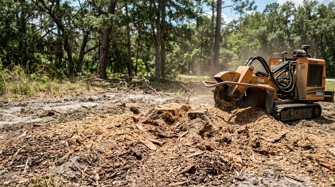 A freshly ground tree stump on a residential lawn in Dunnellon, Florida, with wood chips filling the cavity and surrounding grass visible. The ground is level where a large oak stump previously stood.