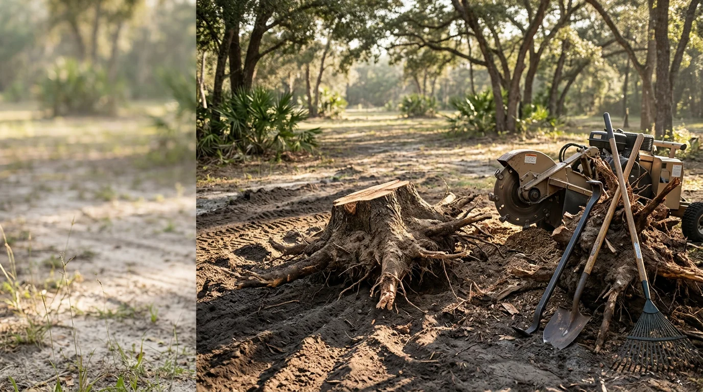 A freshly cleared yard in Dunnellon, Florida after full stump removal, showing level ground where a large tree stump once stood. Sandy Florida soil is visible around the clean extraction site, ready for replanting or sod.