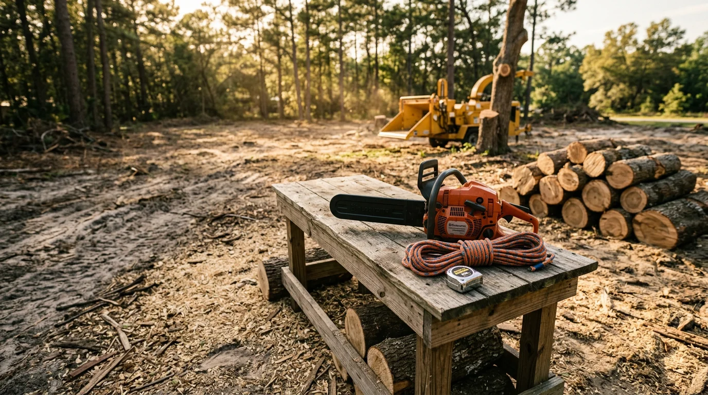 A large oak tree being sectioned and removed in a residential backyard in Dunnellon, Florida, with cut logs on the ground and a cleared yard visible in the background. A crew member in safety gear works near the base of the felled tree.