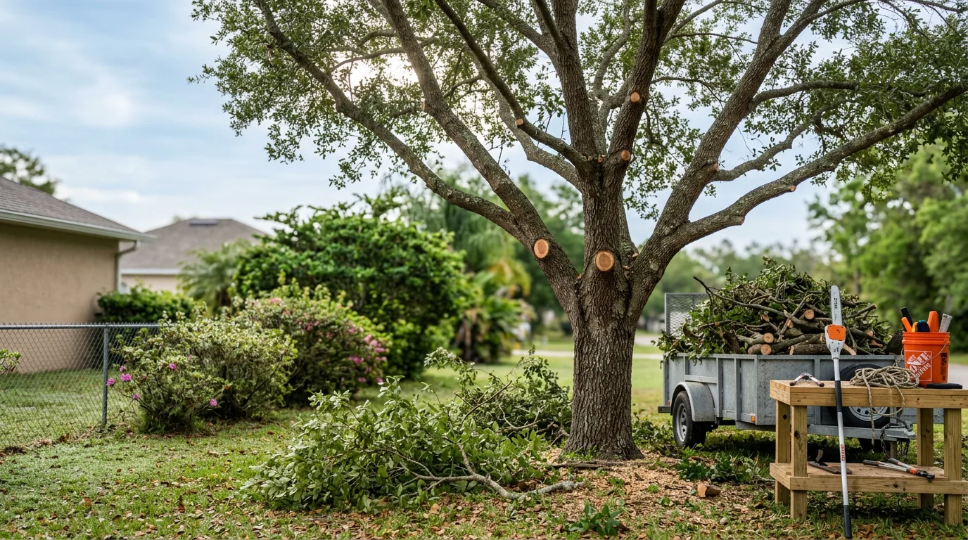 A Brown's Tree Service crew member trimming large oak branches overhanging a residential roofline in Dunnellon, Florida. Freshly cut limbs are visible on the ground below the tree with a cleared canopy showing improved structure.
