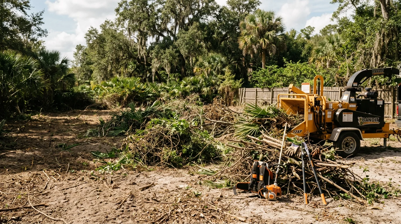 A cleared residential property in Dunnellon, Florida showing removed overgrown shrubs and invasive undergrowth with open ground visible after vegetation removal by Brown's Tree Service.